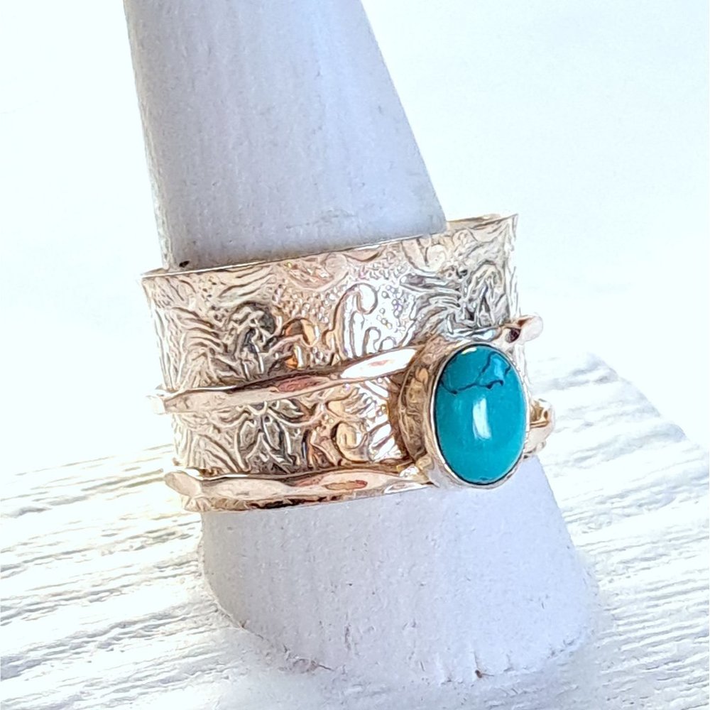 Natural Turquoise Steering Silver Meditation Fidget Spinner Ring - Picture 10 of 13